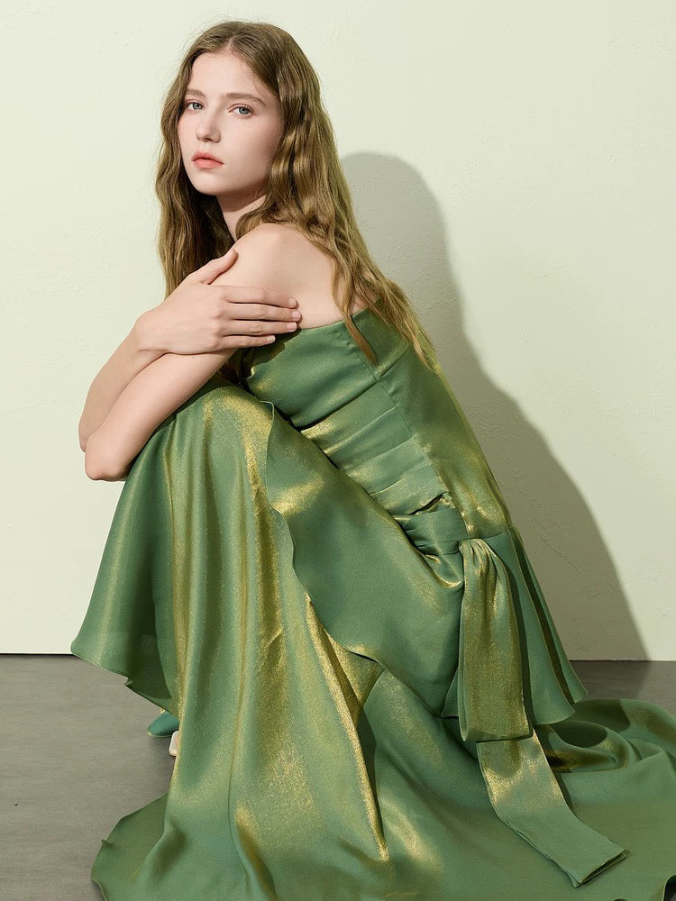 A-line Sweetheart Tea Length Silk Green Prom Party Dress
