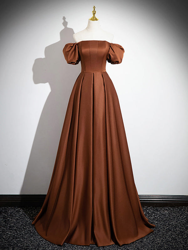 A-Line Puff Sleeves Satin Brown Long Prom Dress, Brown Long Formal Dre