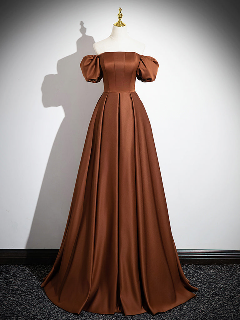 A-Line Puff Sleeves Satin Brown Long Prom Dress, Brown Long Formal Dress