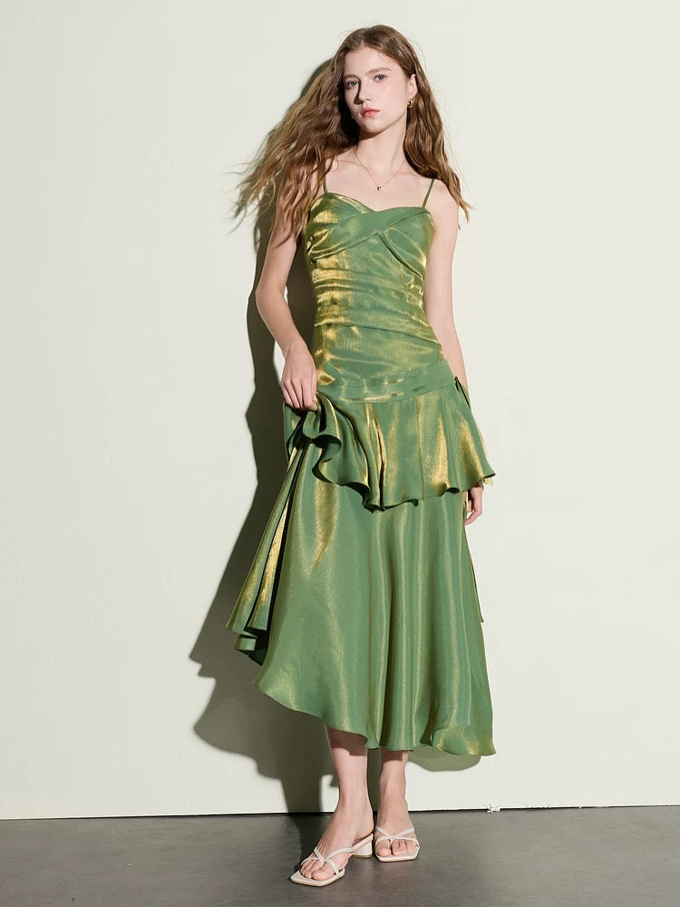 A-line Sweetheart Tea Length Silk Green Prom Party Dress