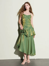 A-line Sweetheart Tea Length Silk Green Prom Party Dress