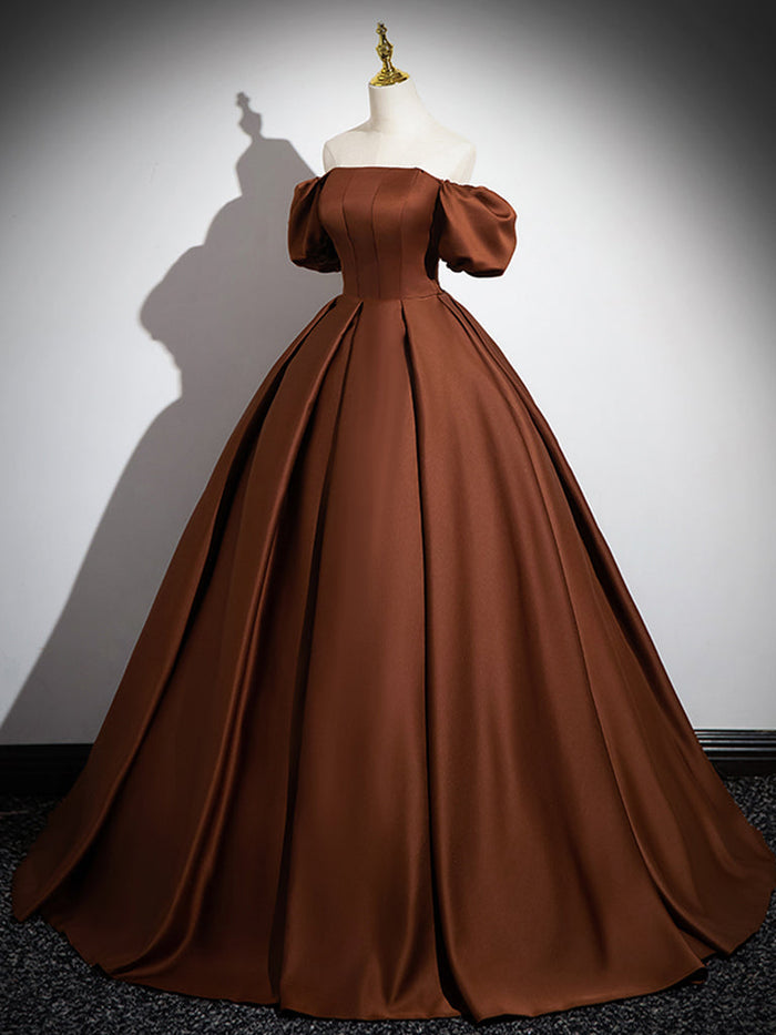 A-Line Puff Sleeves Satin Brown Long Prom Dress, Brown Long Formal Dress