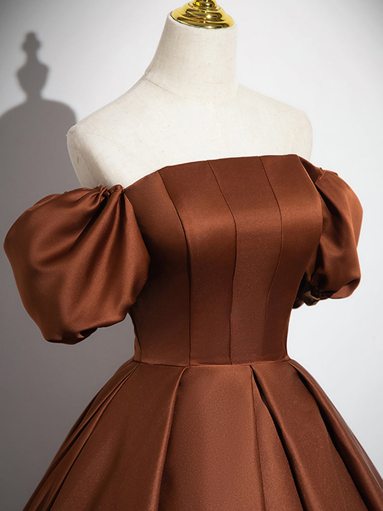 A-Line Puff Sleeves Satin Brown Long Prom Dress, Brown Long Formal Dre