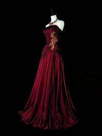 A-line Satin Lace Floor Length Burgundy Prom Dress