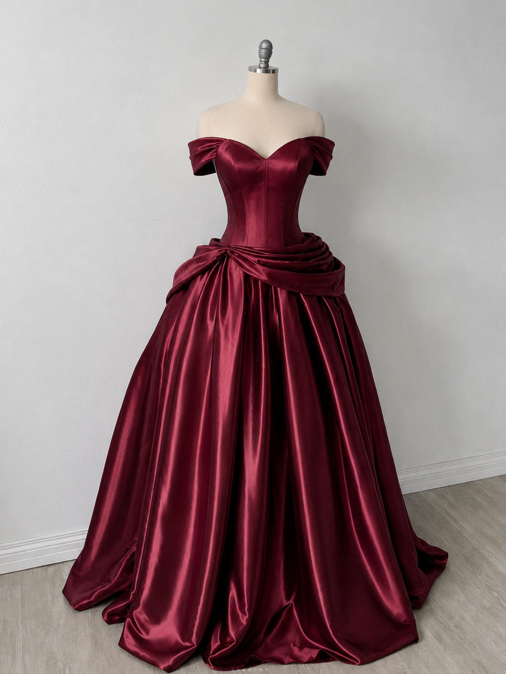 Unique A-line Off Shoulder Satin Burgundy Long Prom Dress