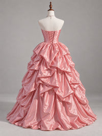 A-line Strapless Pink Taffeta Ball Gown Prom Dress with Tiered Pick-Up Skirt