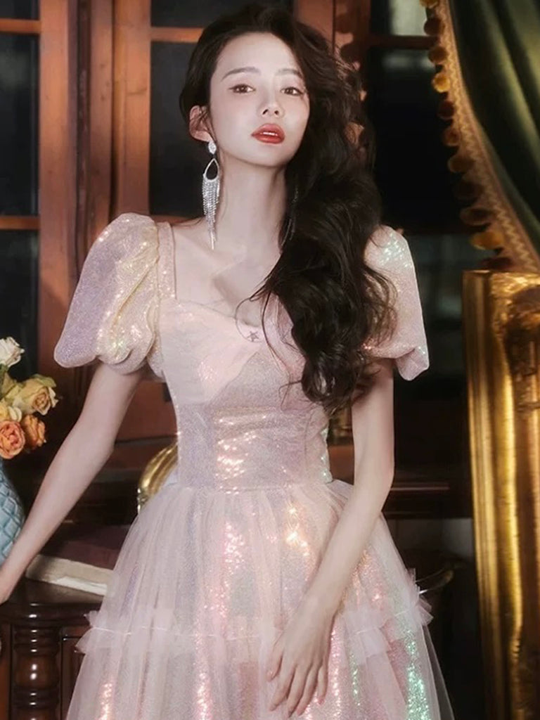 A-Line Puff Sleeves Sequin Tulle Pink Long Prom Dress, Pink Long Formal Dress