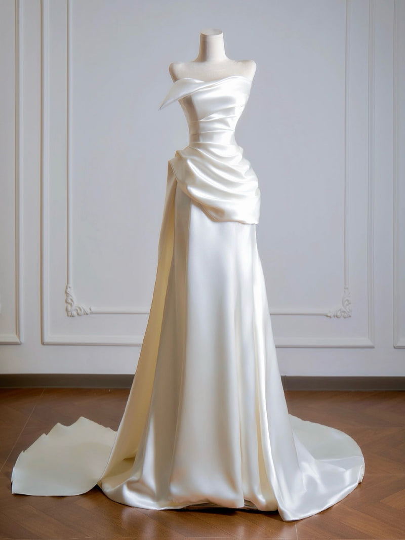 Simple A-Line Satin Sweep Train Light Champagne Prom Dress – toptby