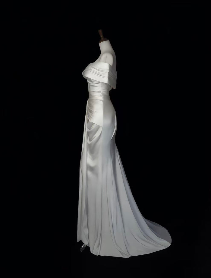 Mermaid Off Shoulder Satin White Long Prom Dress