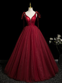 A-Line V Neck Sequin Tulle Burgundy Long Prom Dress, Burgundy Long Formal Dress