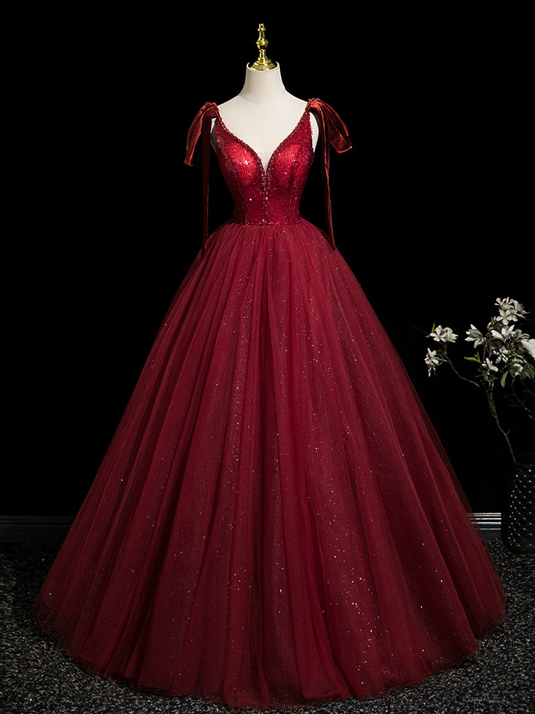 A-Line V Neck Sequin Tulle Burgundy Long Prom Dress, Burgundy Long Formal Dress