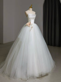 A-Line Tulle White Long Prom Dress, White Long Formal Dress