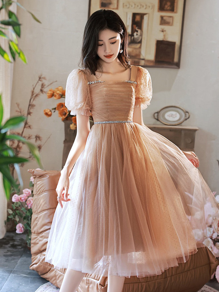 A-Line  Champagne Tulle Short Prom Dress, Champagne Homecoming Dress