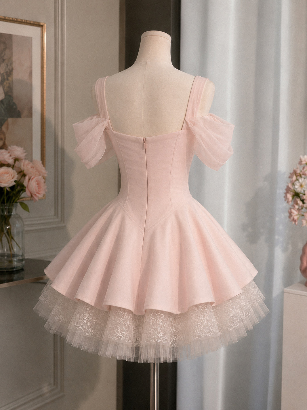 Pink Sweetheart Neck Tulle Short Prom Dress