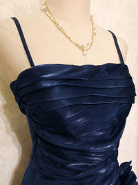 Elegant Silk Tea Length Silk Dark Blue Prom Dress, Dark Blue Party Dress