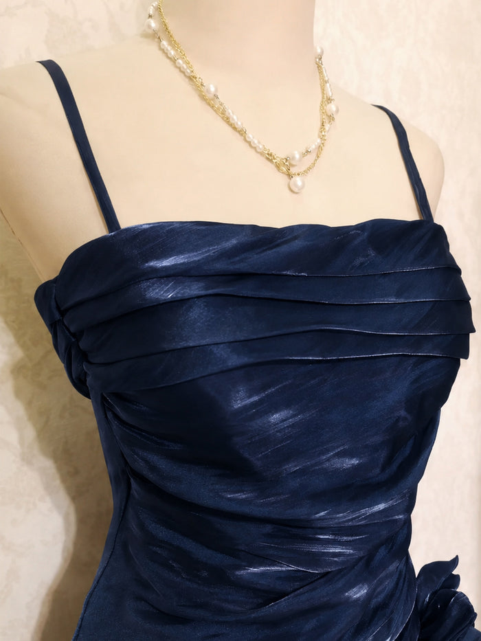 Elegant Silk Tea Length Silk Dark Blue Prom Dress, Dark Blue Party Dress