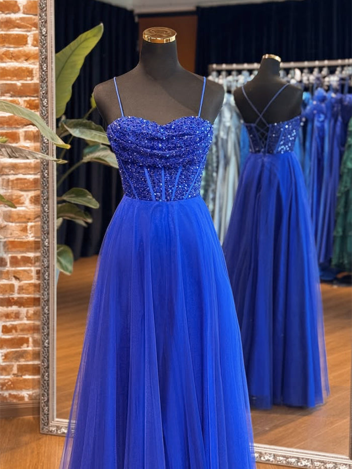 A-Line Sweetheart Neck Tulle Sequin Blue Long Prom Dress, Blue Long Formal Dress