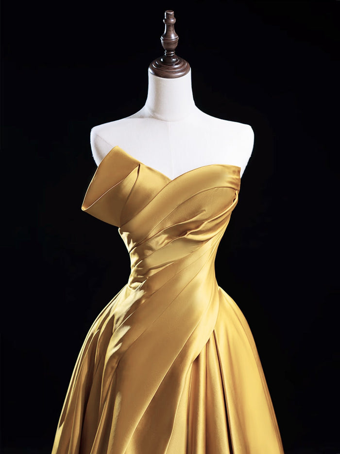 A-Line Satin Gold Long Prom Dress, Gold Long Formal Dress