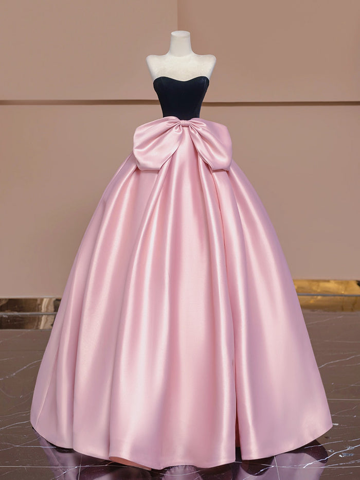 A-Line Velvet Satin Pink Long Prom Dress, Pink Long Formal Dress