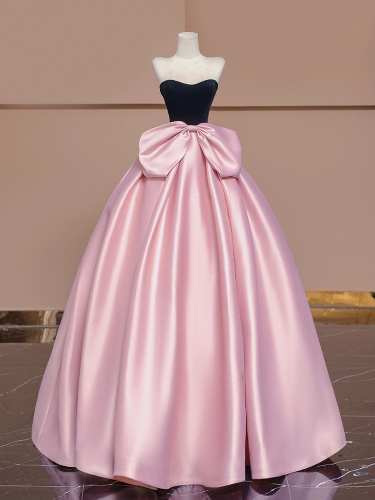 A-Line Velvet Satin Pink Long Prom Dress, Pink Long Formal Dress
