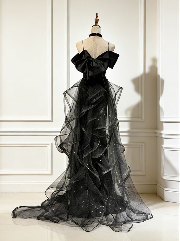Sweetheart Off Shoulder Tulle Sequin Sweep Train Black Long Evening Dress