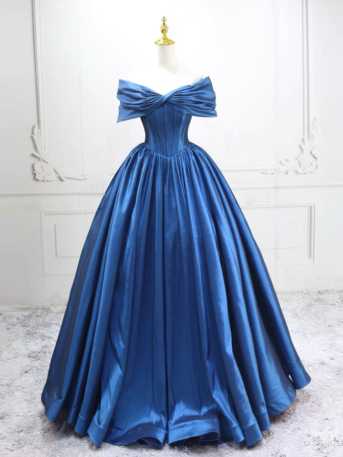 A-Line Off Shoulder Taffeta Blue Long Prom Dress, Taffeta Long Evening Dress
