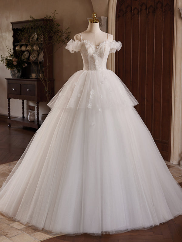 White Off Shoulder Tulle with Flower Lace Wedding Party Dress, White Formal Dress main image 1