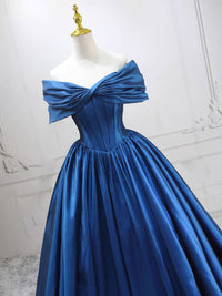 A-Line Off Shoulder Taffeta Blue Long Prom Dress, Taffeta Long Evening Dress