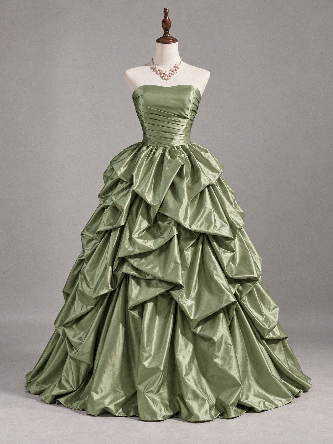 A-line Strapless Pink Taffeta Ball Gown Prom Dress with Tiered Pick-Up Skirt