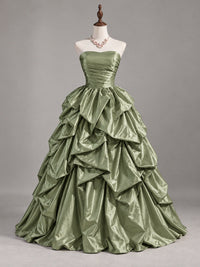 A-line Strapless Pink Taffeta Ball Gown Prom Dress with Tiered Pick-Up Skirt