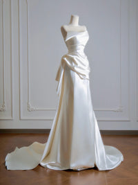 Simple A-Line Satin Sweep Train Light Champagne Prom Dress