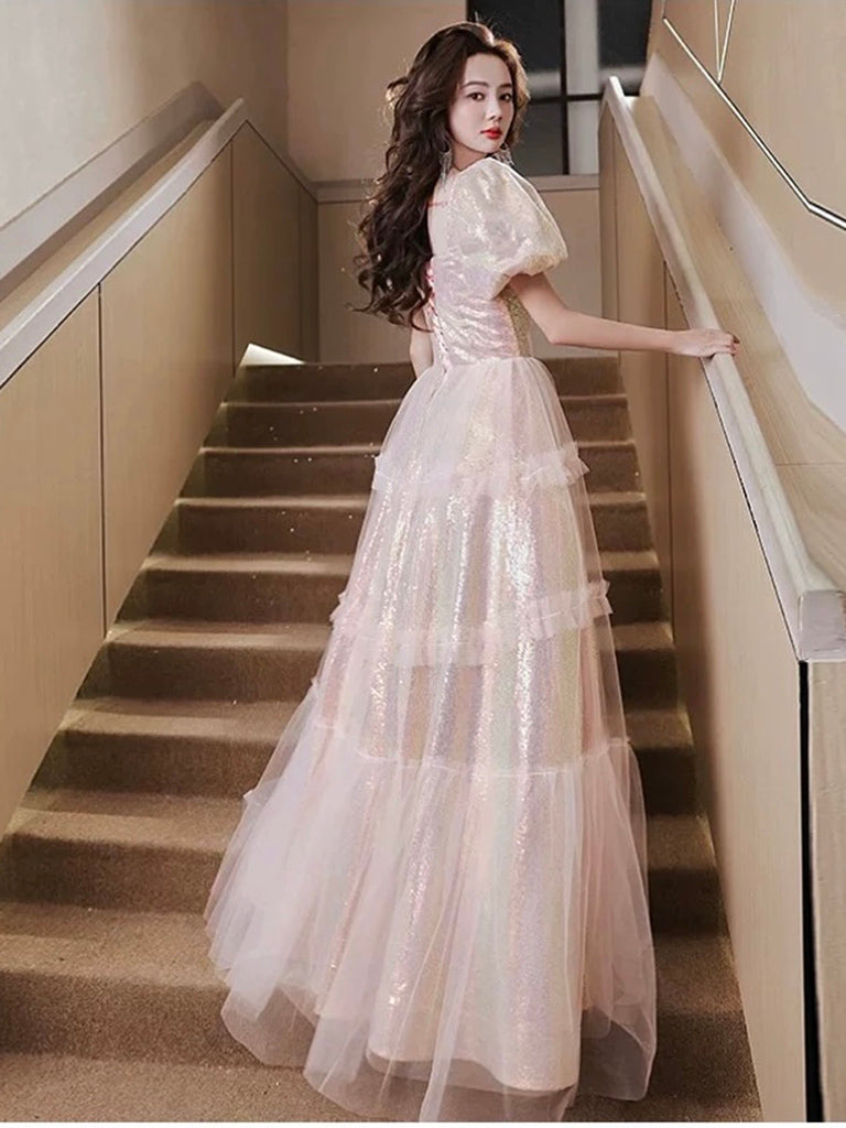 A-Line Puff Sleeves Sequin Tulle Pink Long Prom Dress, Pink Long Formal Dress