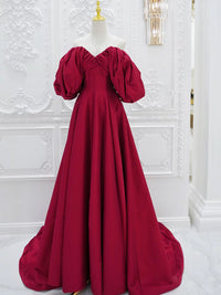 A-Line Puff Sleeves Satin Dark Red Long Prom Dress, Dark Red Long Evening Dress