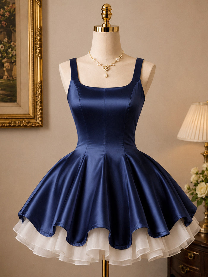 A-line Satin Tulle Dark Blue Short Prom Dress, Blue Homecoming Dress