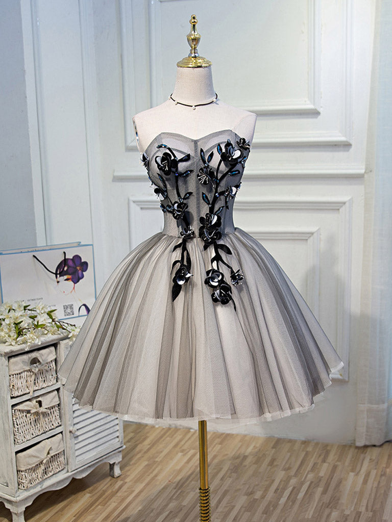 Gray Sweetheart Neck Tulle Lace Short Prom Dress, Cute Homecoming Dress