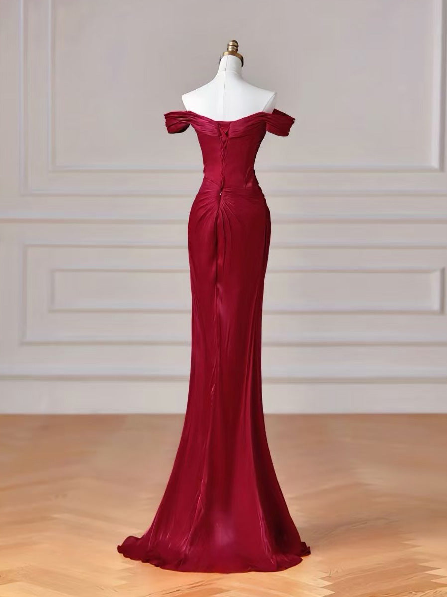 Mermaid off Shoulder Floor Length Burgundy Prom Dress