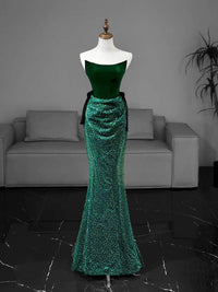 Mermaid Tulle Velvet Green Long Prom Dress, Green Long Formal Dress