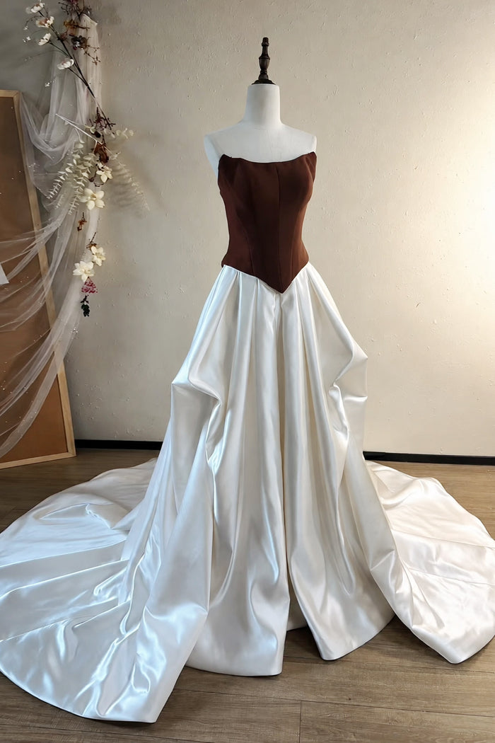 A-line Satin Sweep Train White/Brown Long Prom Dress