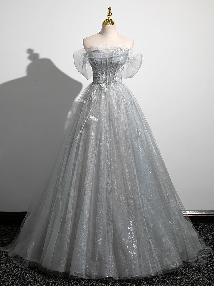 Gray A-Line Tulle Long Prom Dress, Gray Tulle Formal Evening Dress