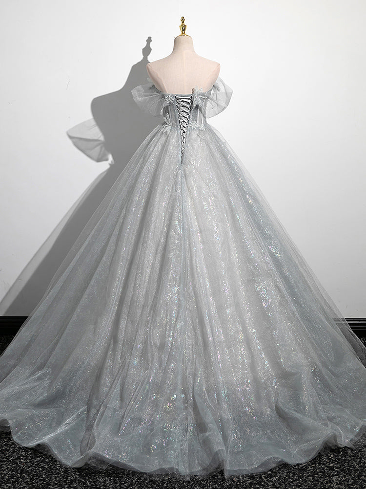Gray A-Line Tulle Long Prom Dress, Gray Tulle Formal Evening Dress