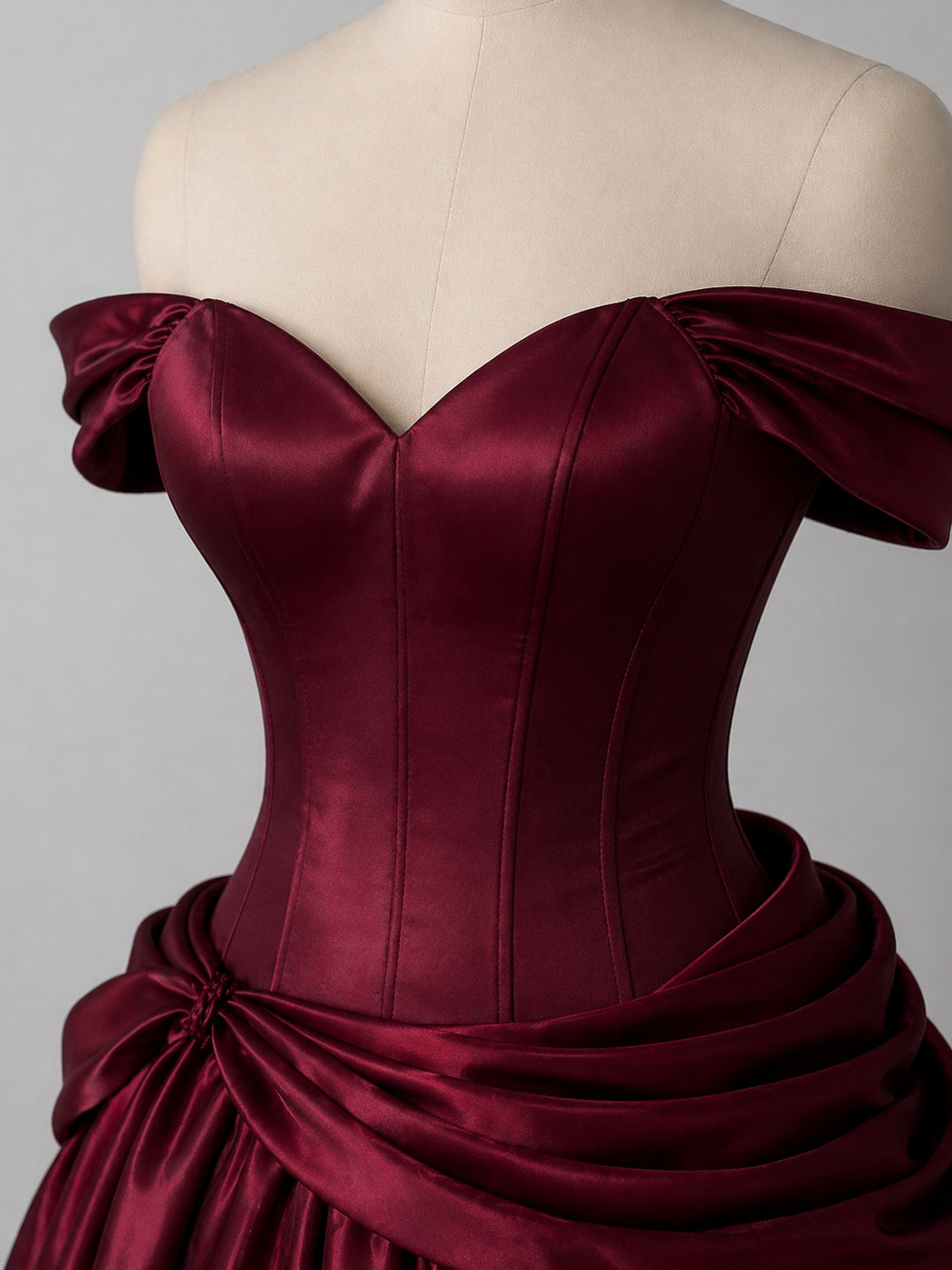 Unique A-line Off Shoulder Satin Burgundy Long Prom Dress