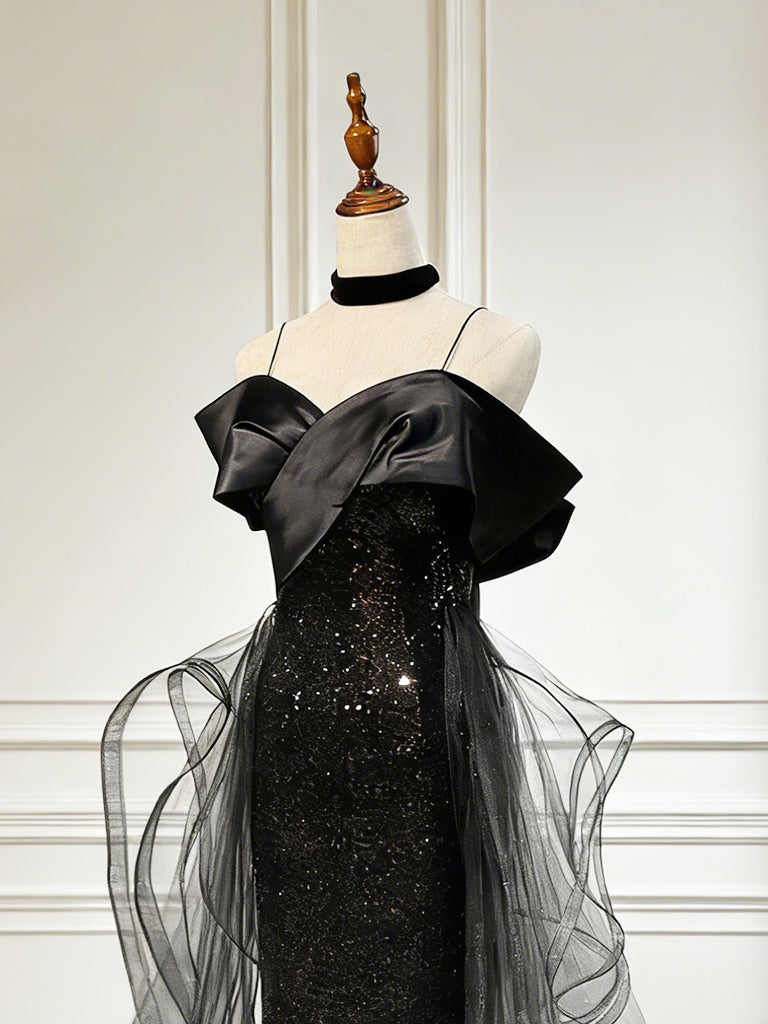 Sweetheart Off Shoulder Tulle Sequin Sweep Train Black Long Evening Dress