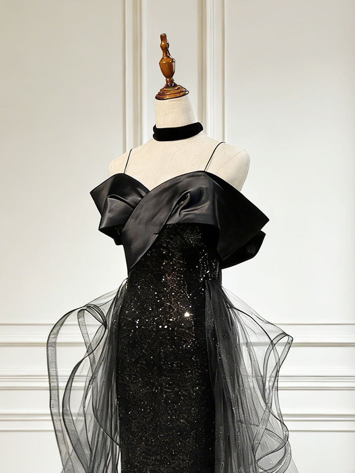 Sweetheart Off Shoulder Tulle Sequin Sweep Train Black Long Evening Dress