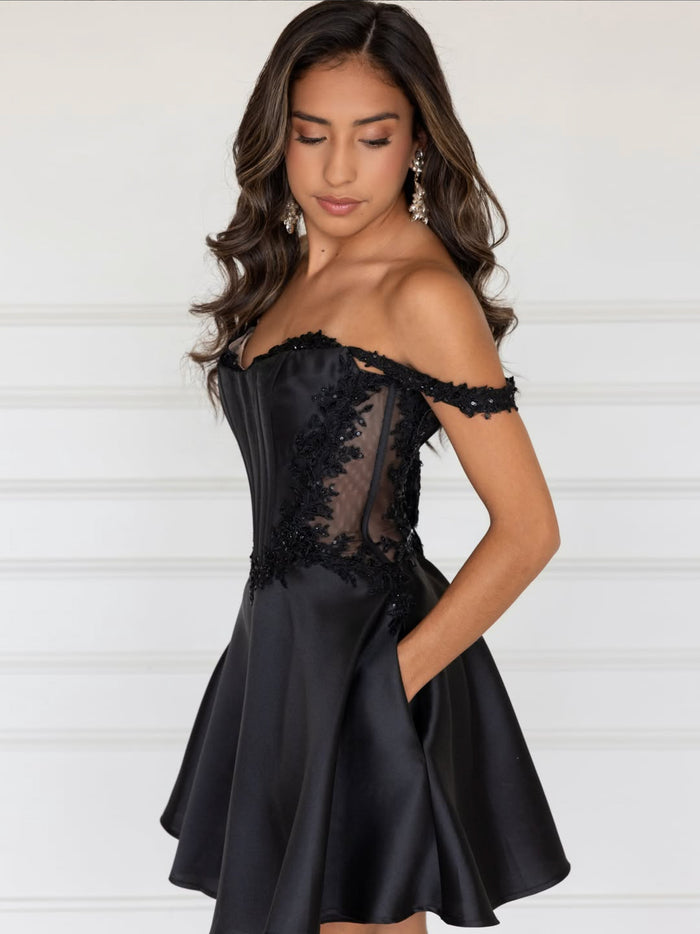 Off Shoulder Sweetheart A-line Black Homecoming Dress with Lace