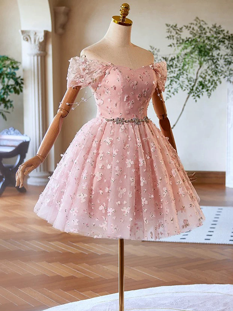 A-Line Off Shoulder Tulle Lace Pink Short Prom Dress, Pink Homecoming Dress