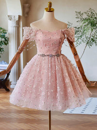 A-Line Off Shoulder Tulle Lace Pink Short Prom Dress, Pink Homecoming Dress