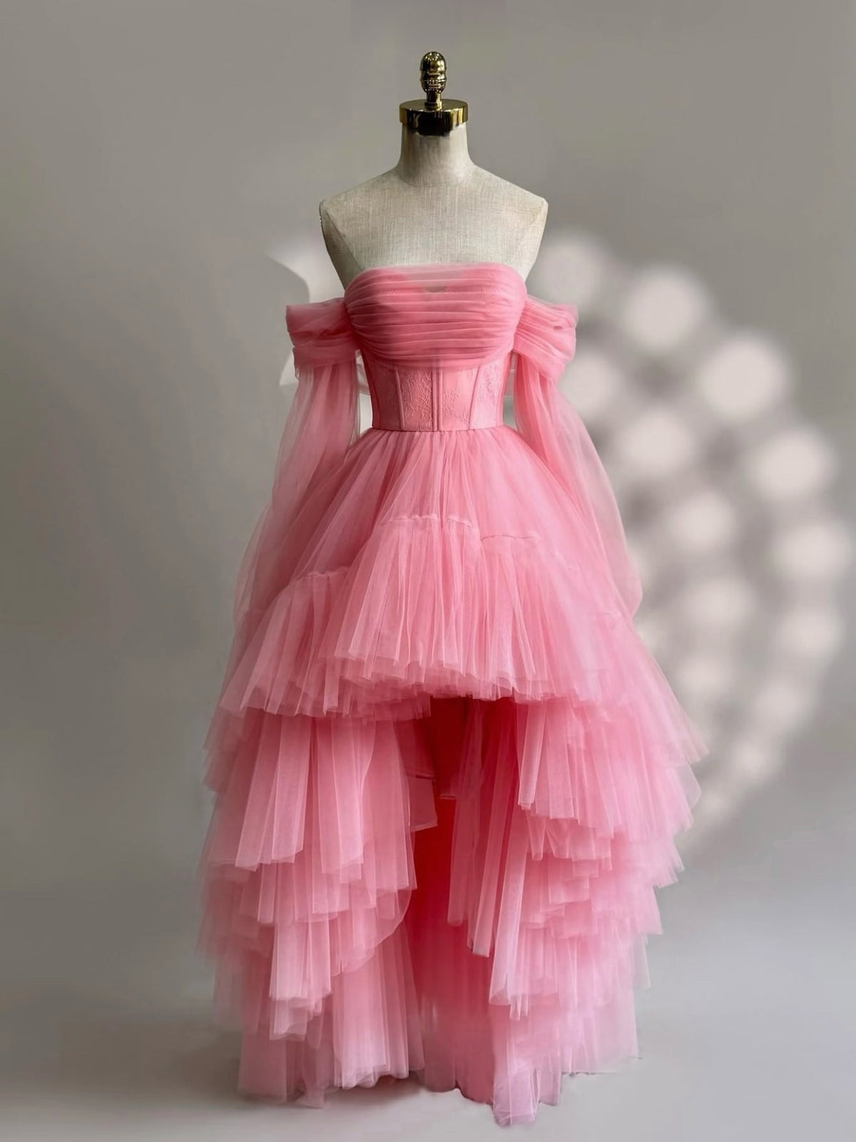 A-Line Long Sleeves High Low Tulle Lace Pink Prom Dress