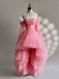 A-Line Long Sleeves High Low Tulle Lace Pink Prom Dress
