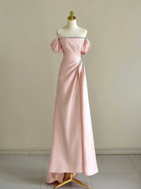 Pink A-Line Satin Long Prom Dress, Off Shoulder Pink Long Evening Dress