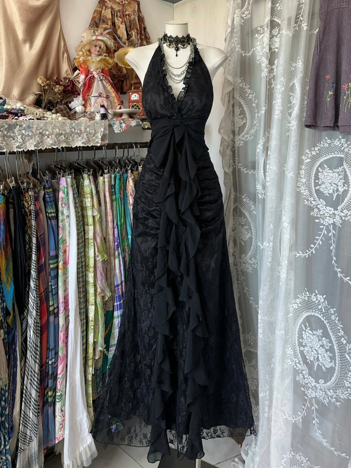 A-line V Neck Tulle Lace Black Long Prom Dress, Black Party Dress